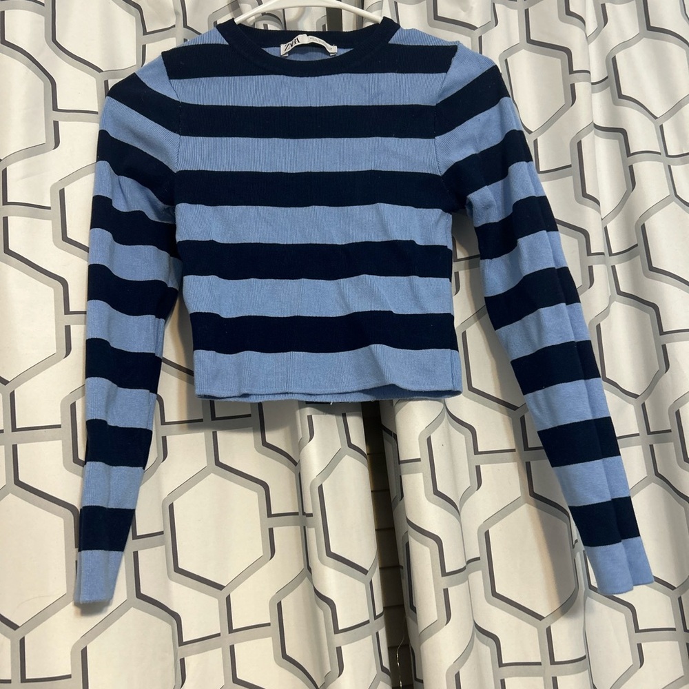 Zara Blue and Dark Blue  Striped Long Sleeve Top